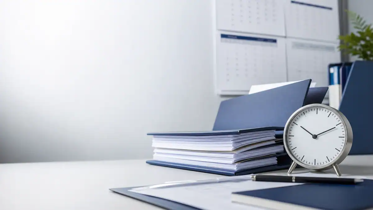 Aktenordner, Kalender und Uhr als Symbol für Verjährungsfristen bei Rechnungen
