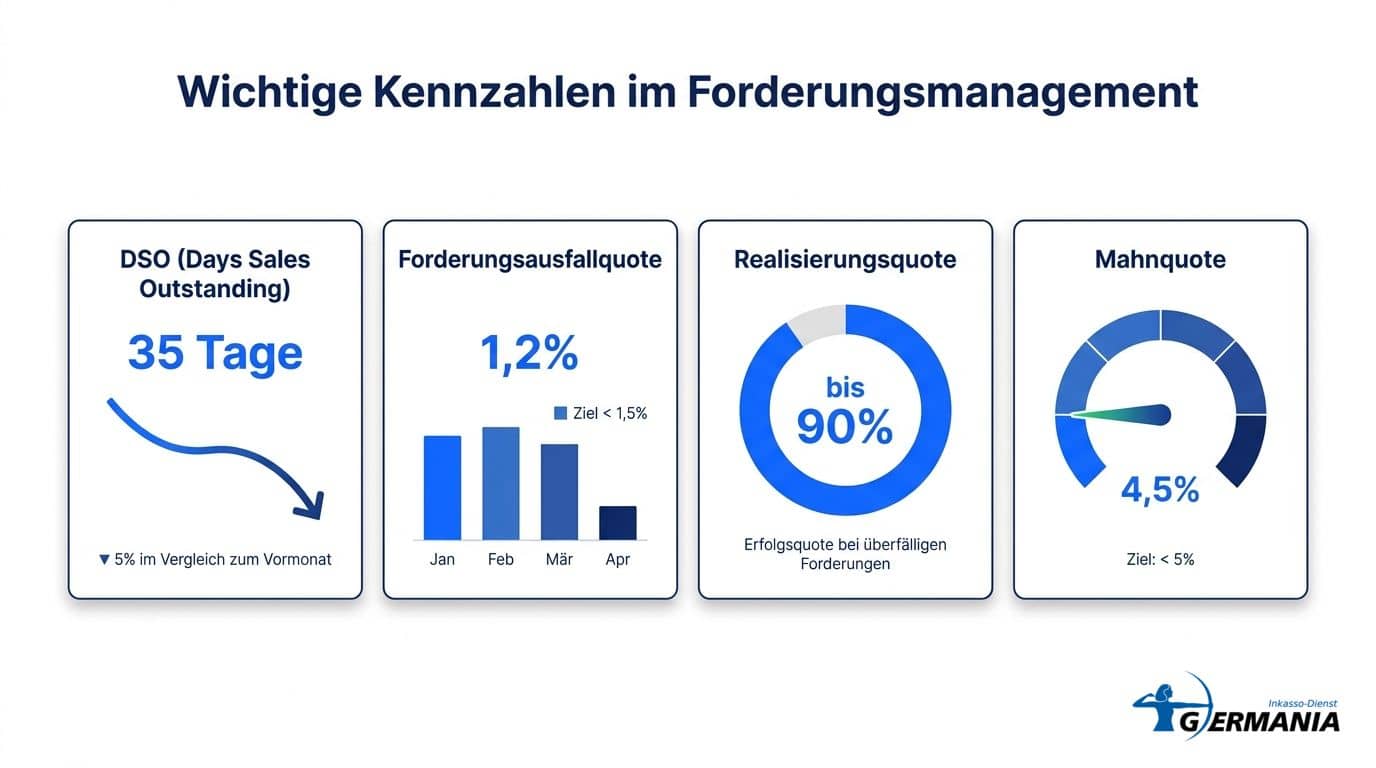Wichtige Kennzahlen im Forderungsmanagement: DSO, Forderungsausfallquote, Realisierungsquote bis 90 Prozent und Mahnquote